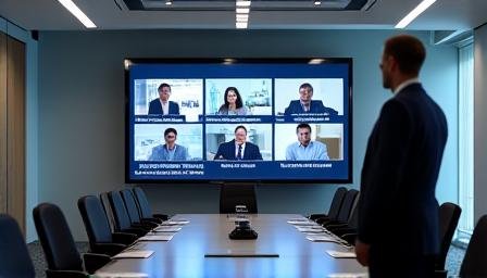 A professional group of people in a video conference call displayed on a large screen in a boardroom