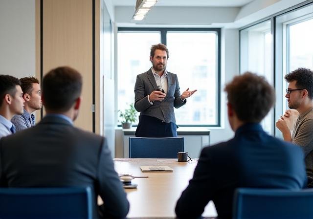 Collaborative workshop with diverse professionals in a modern office