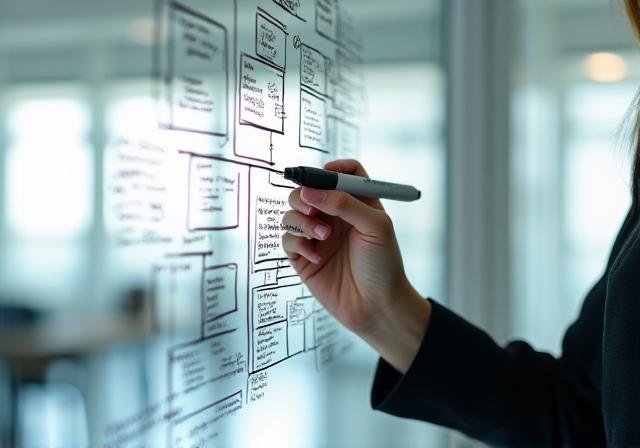 Executive hand drawing a strategic roadmap on a glass board