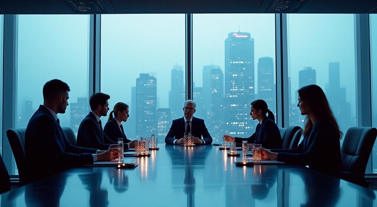 Modern corporate leadership team collaborating around a futuristic glass table with city view skyline